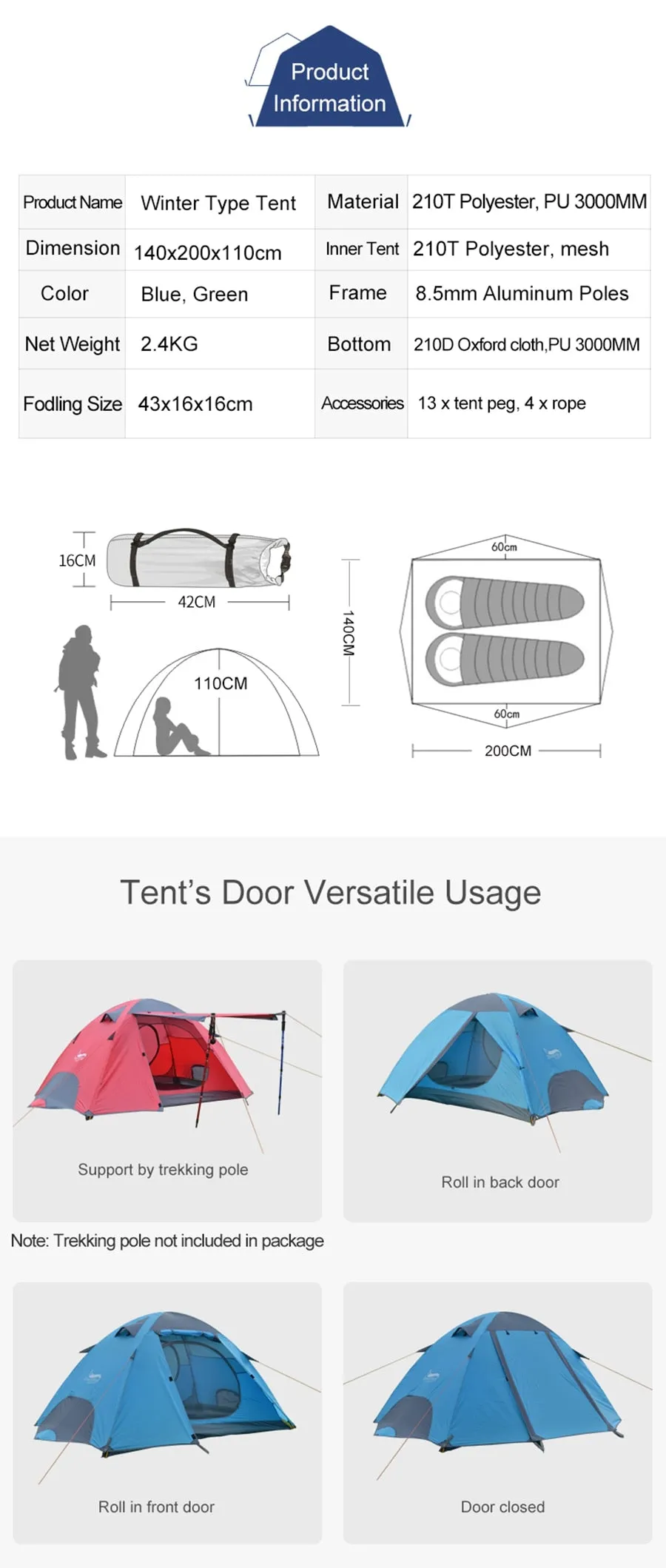 2 Person Winter Tent with Snow Skirt Aluminum Pole Tent Lightweight Backpacking Tent for Hiking Climbing Snow Weather
