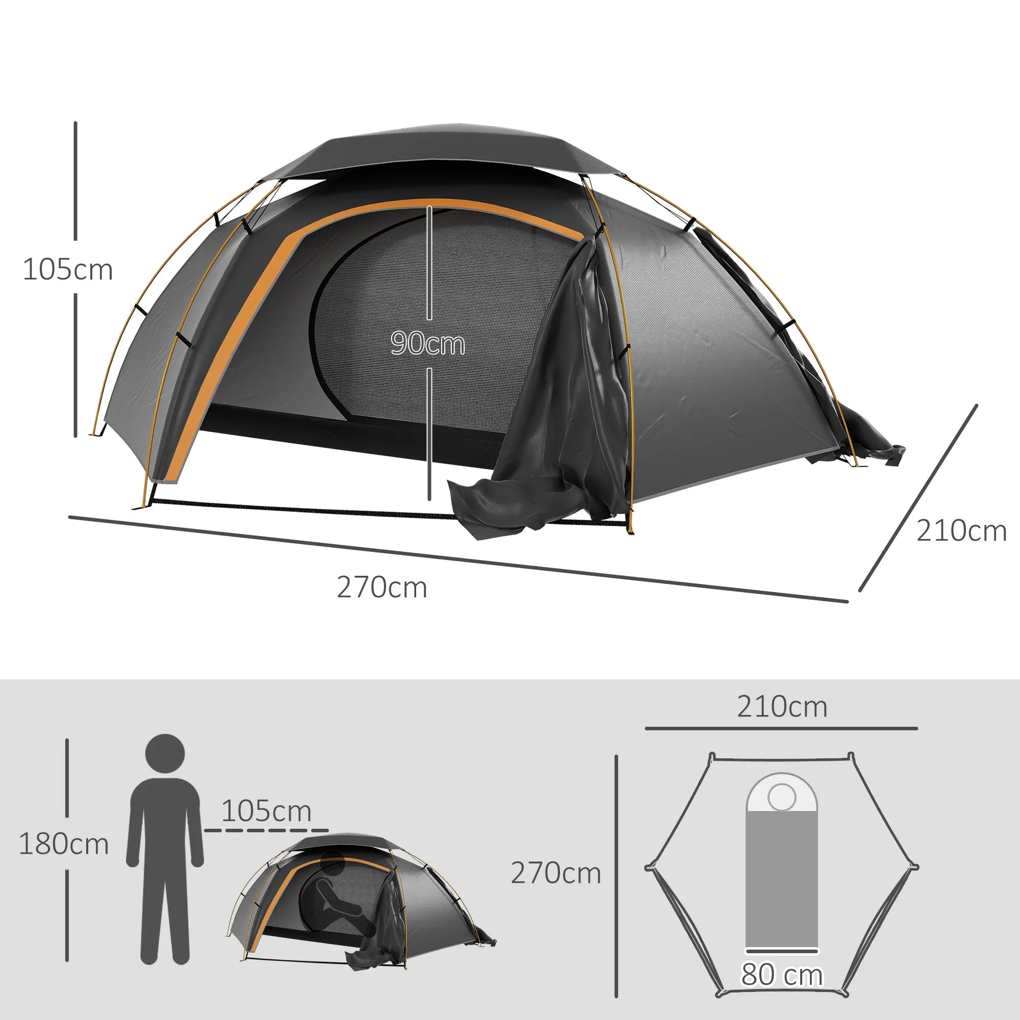 Aluminium Frame Camping Tent Dome Tent with Removable Rainfly 2000mm Waterproof for 1-2 Man Grey