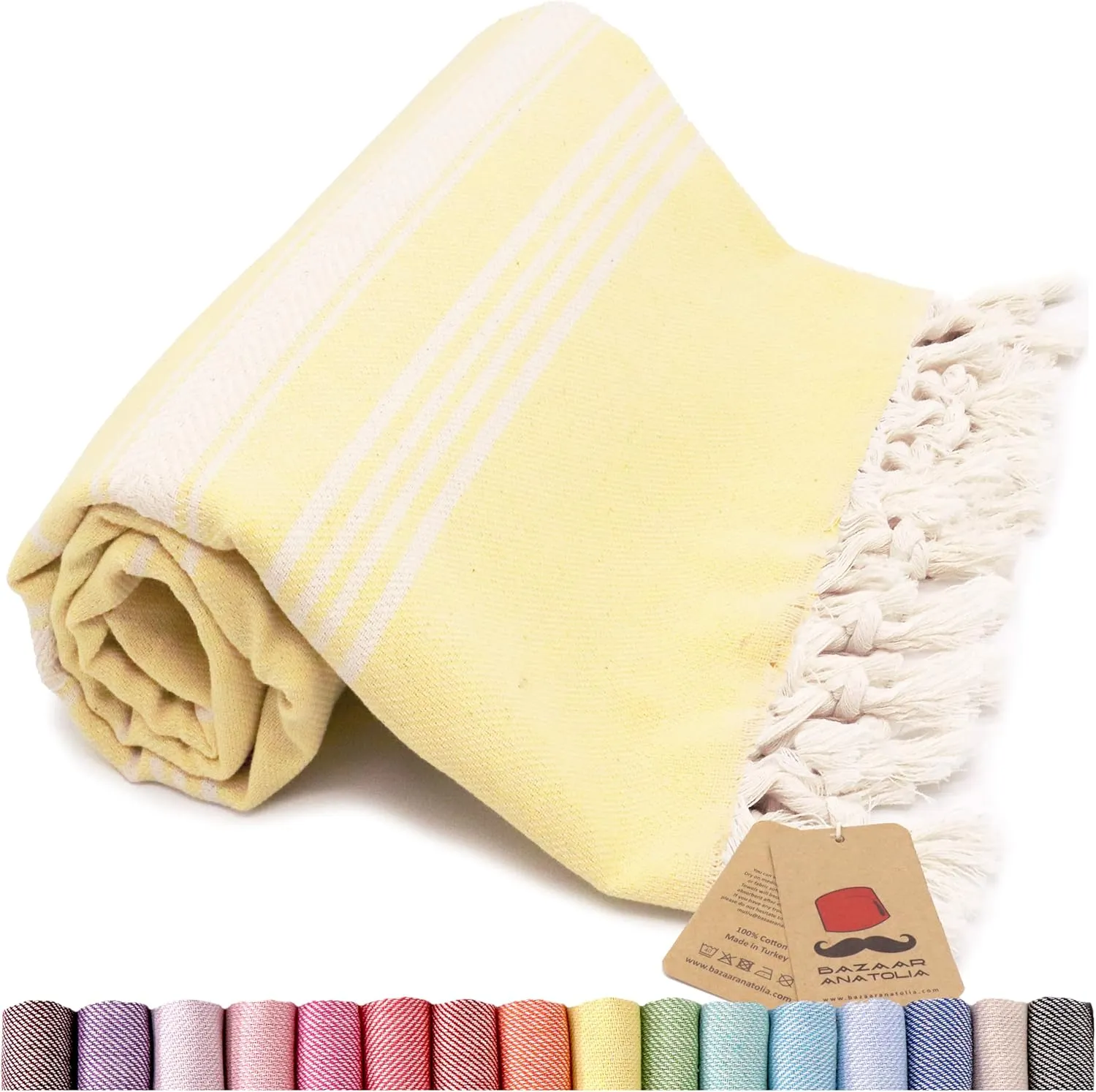 Bazaar Anatolia Turkish Beach Towel 100% Cotton Bath Towels Oversized Quick Dry Boho Farmhouse Fall Decor Sheets Bathroom Towels Sand Free Camping Blanket 71x39 inches - Stripe Yellow
