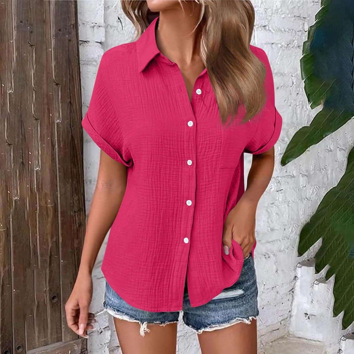 Button Down Shirts for Women Short Sleeve Shirt 2025 Summer Wrinkled V Neck T Shirt Tops Home Beach Blouse with Pocket