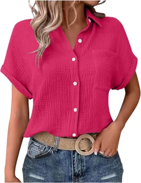 Button Down Shirts for Women Short Sleeve Shirt 2025 Summer Wrinkled V Neck T Shirt Tops Home Beach Blouse with Pocket