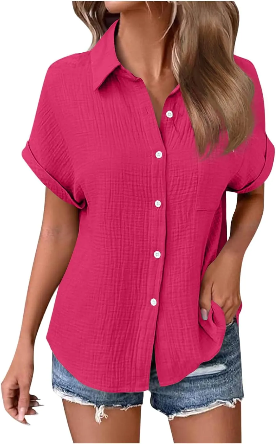 Button Down Shirts for Women Short Sleeve Shirt 2025 Summer Wrinkled V Neck T Shirt Tops Home Beach Blouse with Pocket