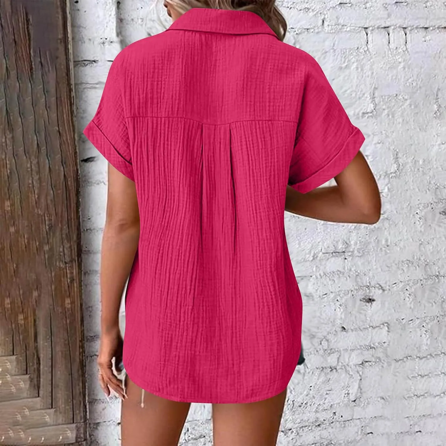Button Down Shirts for Women Short Sleeve Shirt 2025 Summer Wrinkled V Neck T Shirt Tops Home Beach Blouse with Pocket