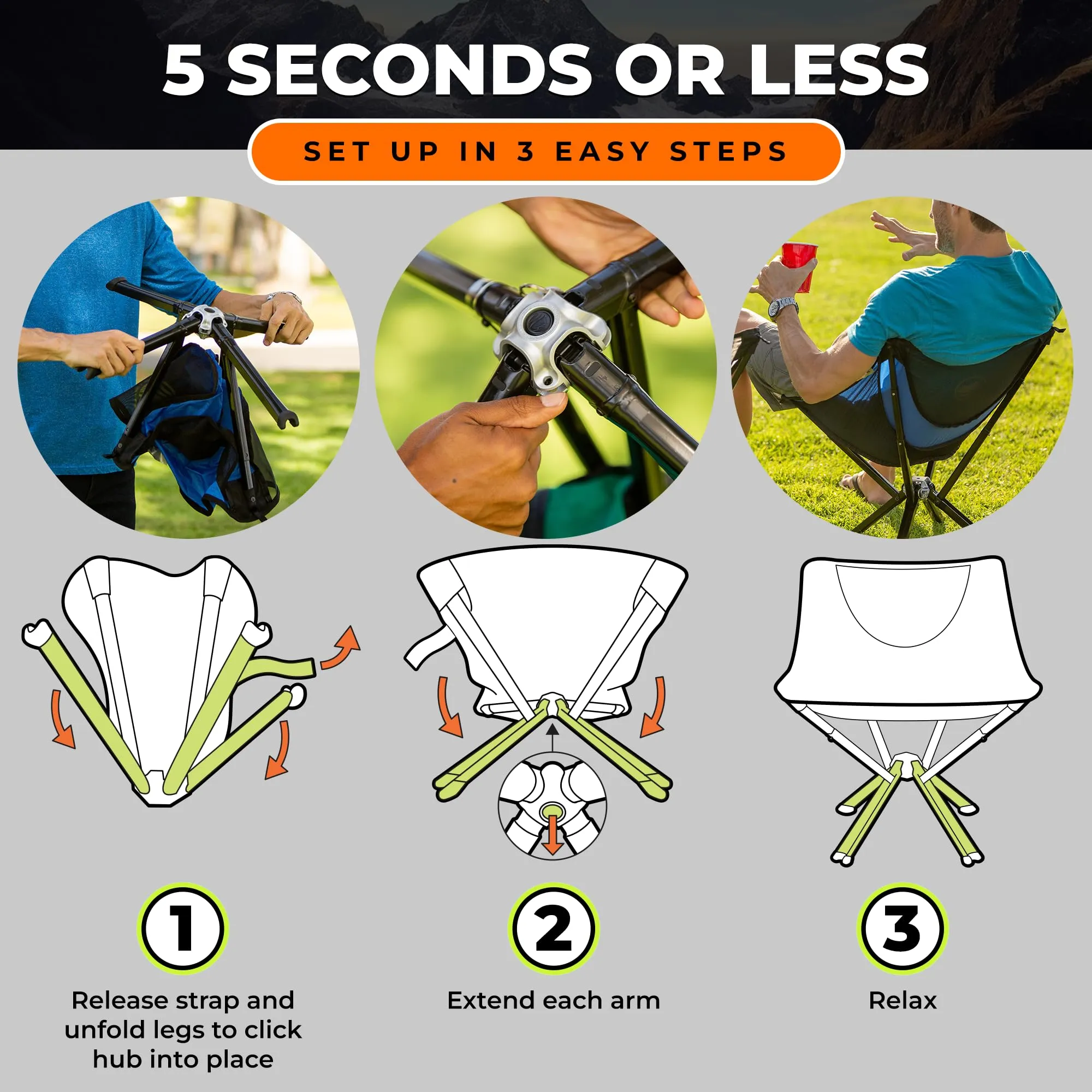 CLIQ Portable Chair - Lightweight Outdoor Camping Folding Chair - Supports 300 Lbs - Perfect for Outdoor Adventures
