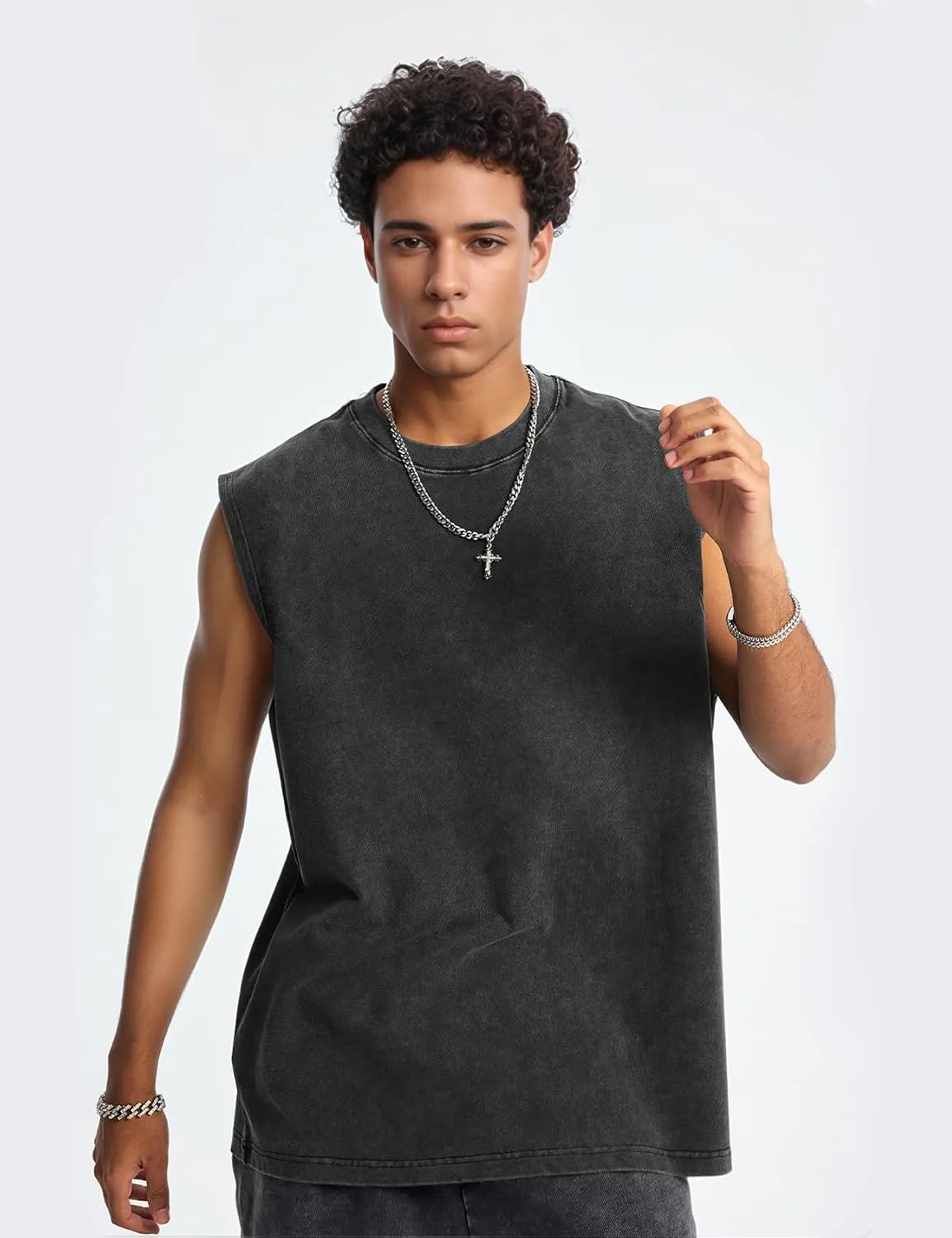 Eisctnd 3 Pack Men's Cotton Sleeveless Muscle Tank Tops Vintage Acid Wash Cutoff Loose Workout Tee Shirts Running