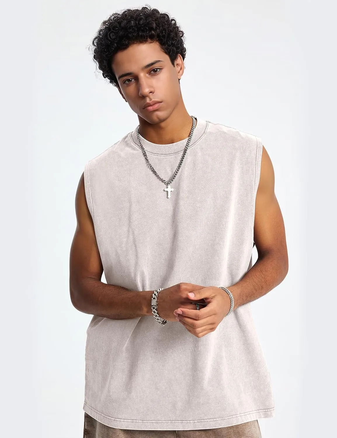 Eisctnd 3 Pack Men's Cotton Sleeveless Muscle Tank Tops Vintage Acid Wash Cutoff Loose Workout Tee Shirts Running