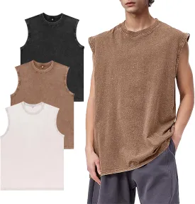 Eisctnd 3 Pack Men's Cotton Sleeveless Muscle Tank Tops Vintage Acid Wash Cutoff Loose Workout Tee Shirts Running