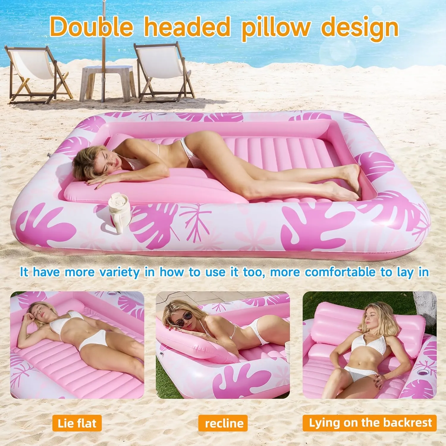 Inflatable Backyard Tanning Pool Lounger Float with Built-in Drainage, 85"57.5" 6-in-1 Pool Floats Adult Inflatable Tanning Bed/Sun tan Tub/Outside Blow Up Chair Sofa Cloud Pools
