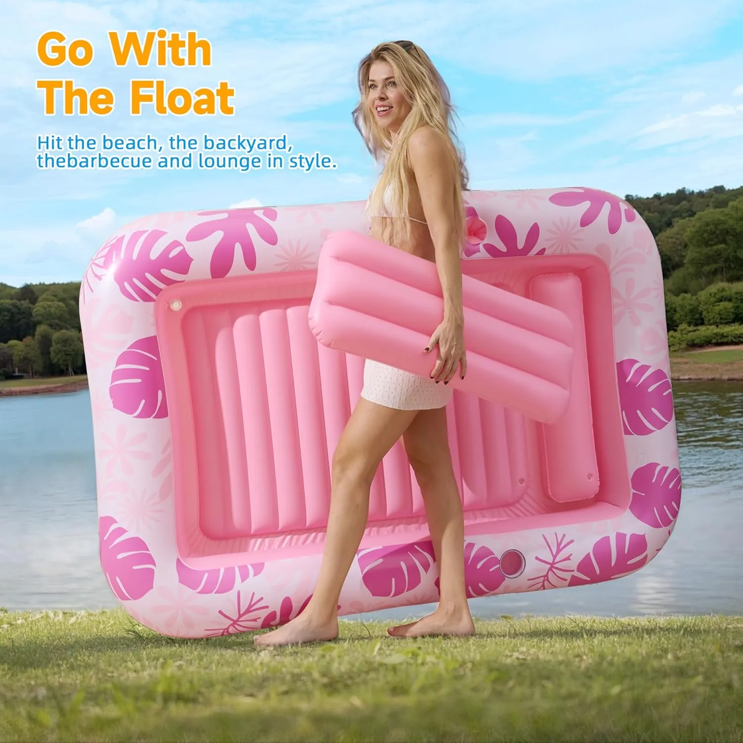 Inflatable Backyard Tanning Pool Lounger Float with Built-in Drainage, 85"57.5" 6-in-1 Pool Floats Adult Inflatable Tanning Bed/Sun tan Tub/Outside Blow Up Chair Sofa Cloud Pools