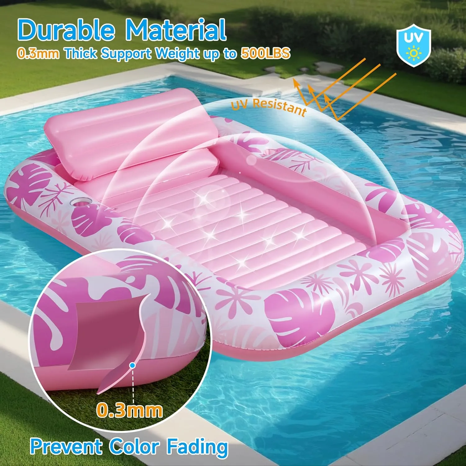 Inflatable Backyard Tanning Pool Lounger Float with Built-in Drainage, 85"57.5" 6-in-1 Pool Floats Adult Inflatable Tanning Bed/Sun tan Tub/Outside Blow Up Chair Sofa Cloud Pools