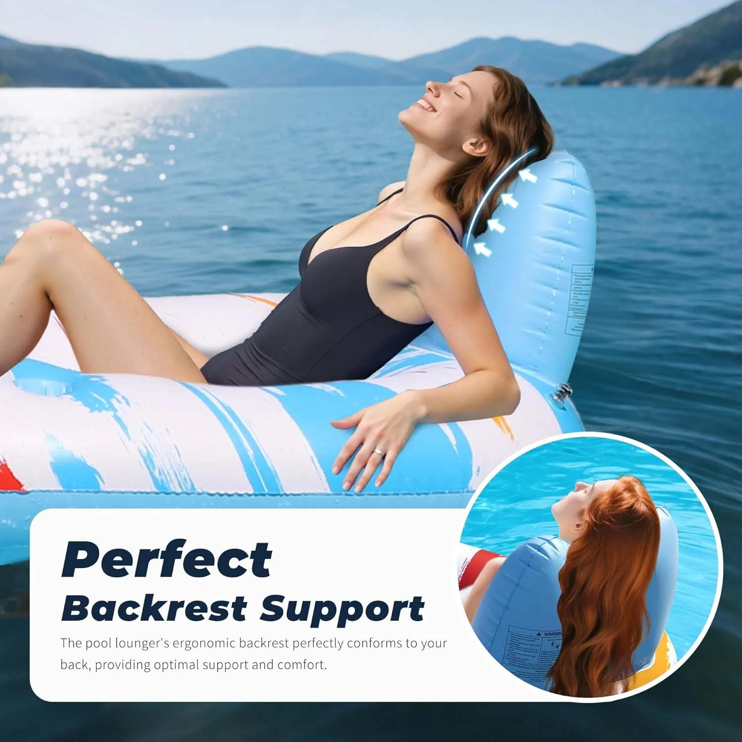 JOSEN Inflatable Pool Float Adult, Pool Float Lounger Raft Floaties Water Floating Chair with Cup Holders Backrest & Footrest for Swimming Pool, Lake & Beach Party
