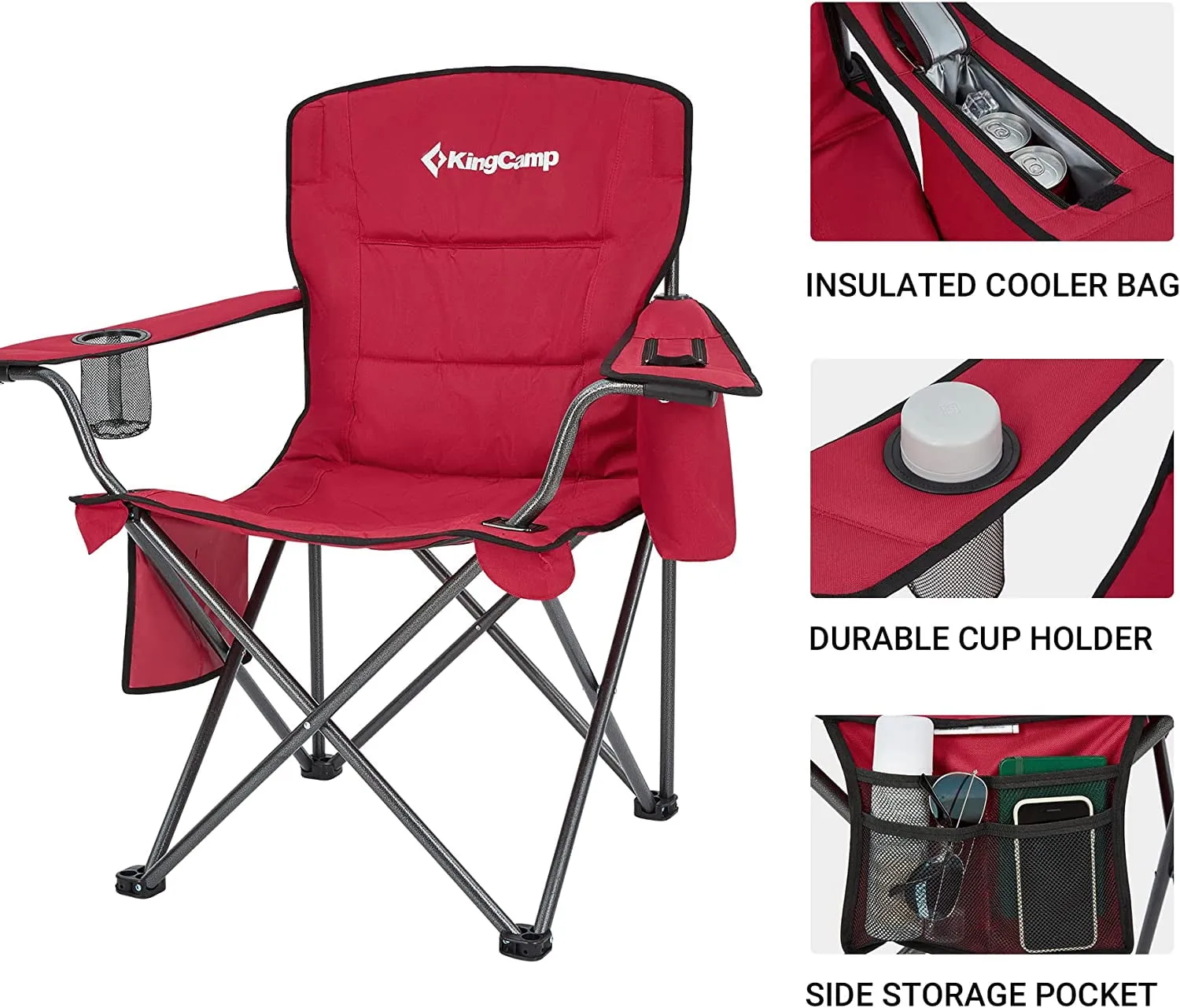 KingCamp Camping Chair for Adults Folding Chair Oversized Heavy Duty 300lbs Camp Chair Full Padded Outdoor Portable Chair with Cooler Bag Cup Holder Side Pocket Red