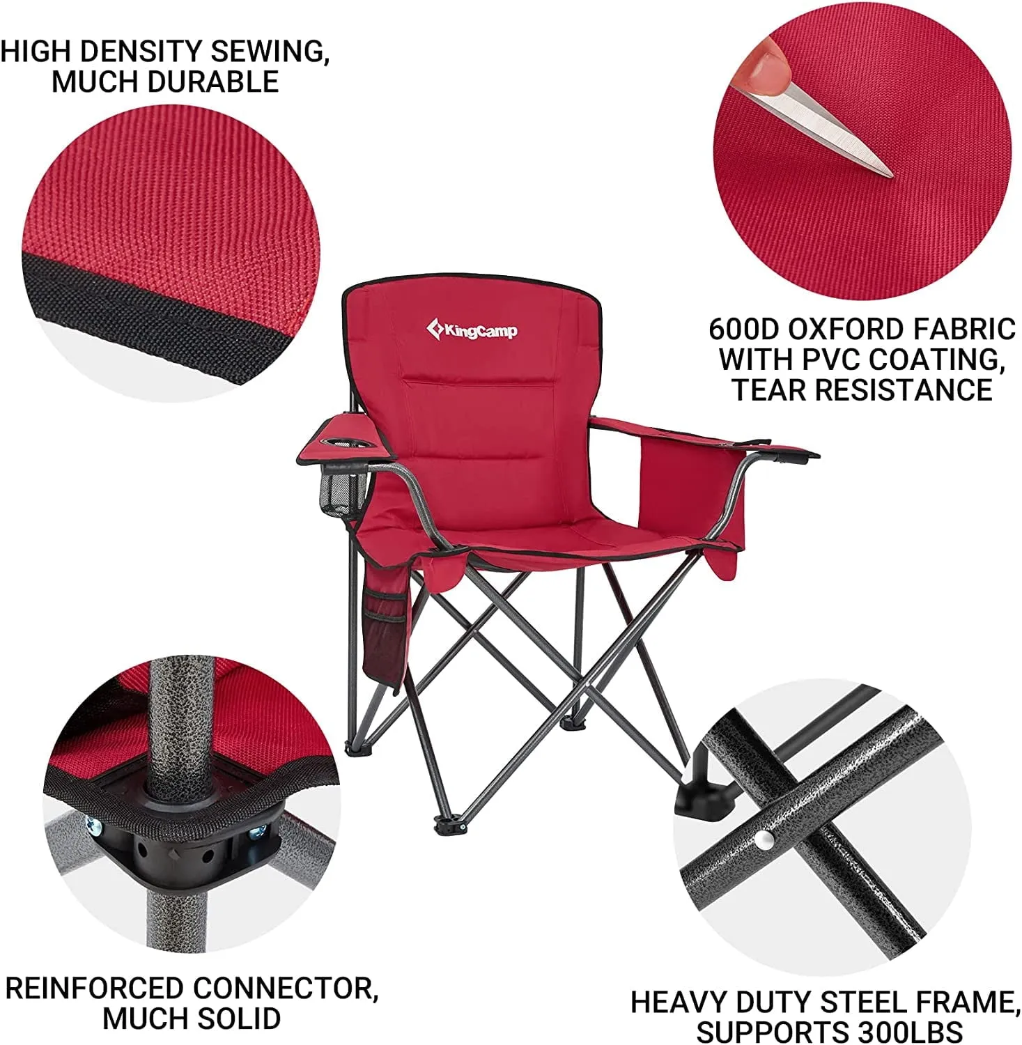KingCamp Camping Chair for Adults Folding Chair Oversized Heavy Duty 300lbs Camp Chair Full Padded Outdoor Portable Chair with Cooler Bag Cup Holder Side Pocket Red