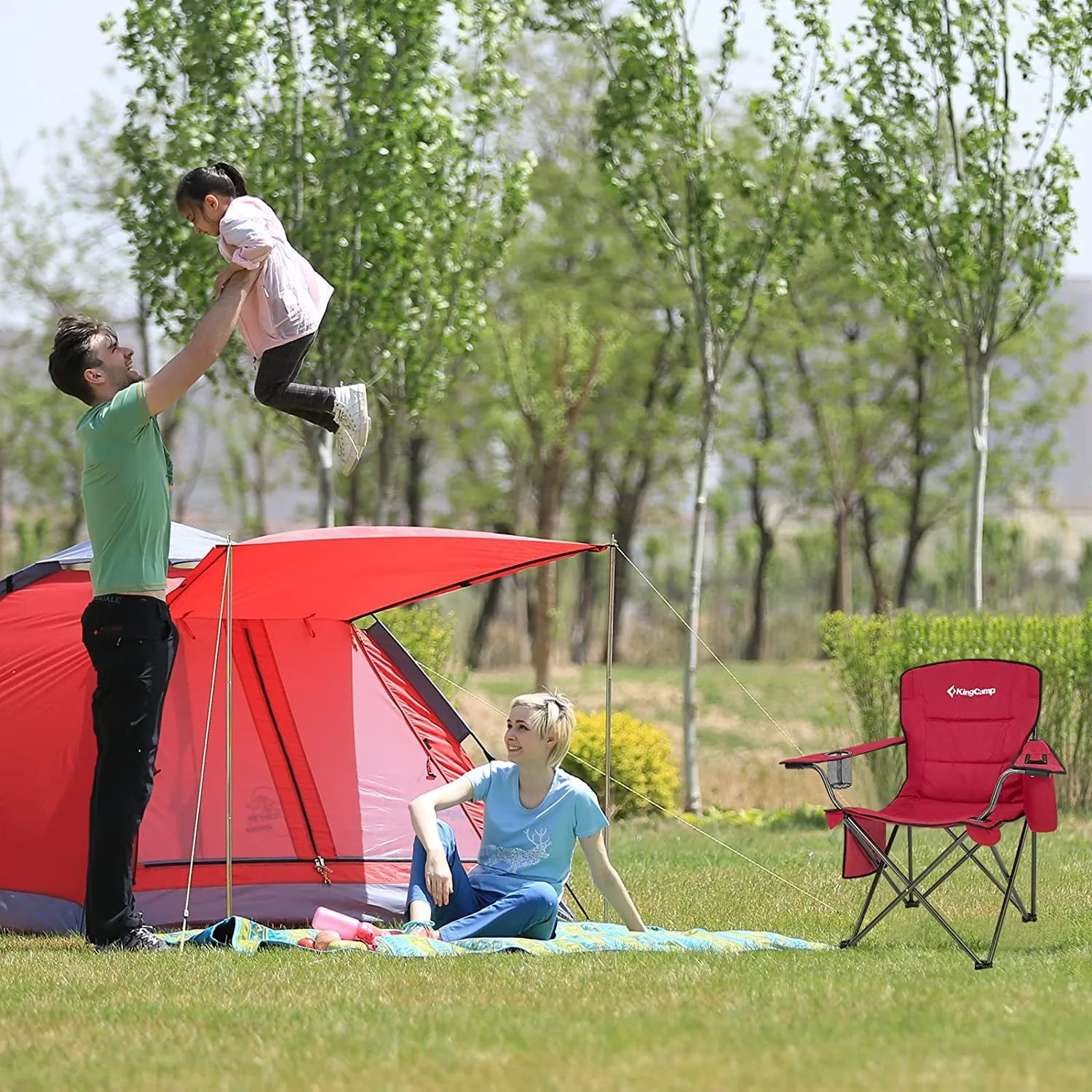 KingCamp Camping Chair for Adults Folding Chair Oversized Heavy Duty 300lbs Camp Chair Full Padded Outdoor Portable Chair with Cooler Bag Cup Holder Side Pocket Red