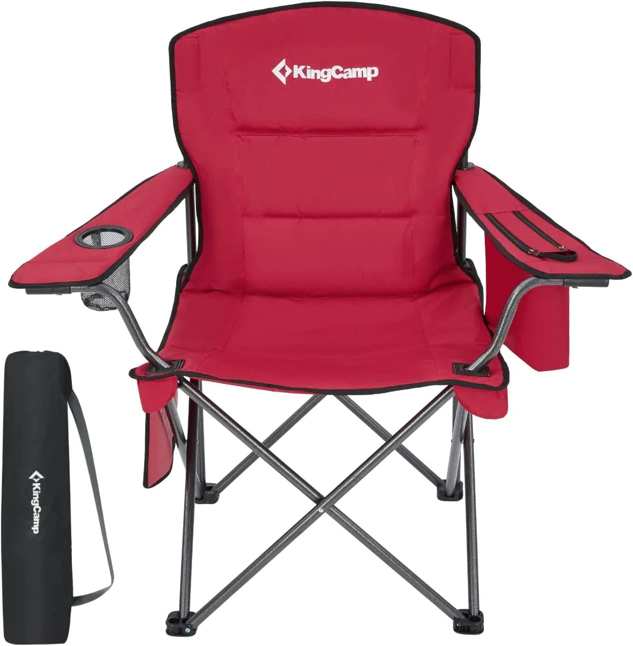 KingCamp Camping Chair for Adults Folding Chair Oversized Heavy Duty 300lbs Camp Chair Full Padded Outdoor Portable Chair with Cooler Bag Cup Holder Side Pocket Red