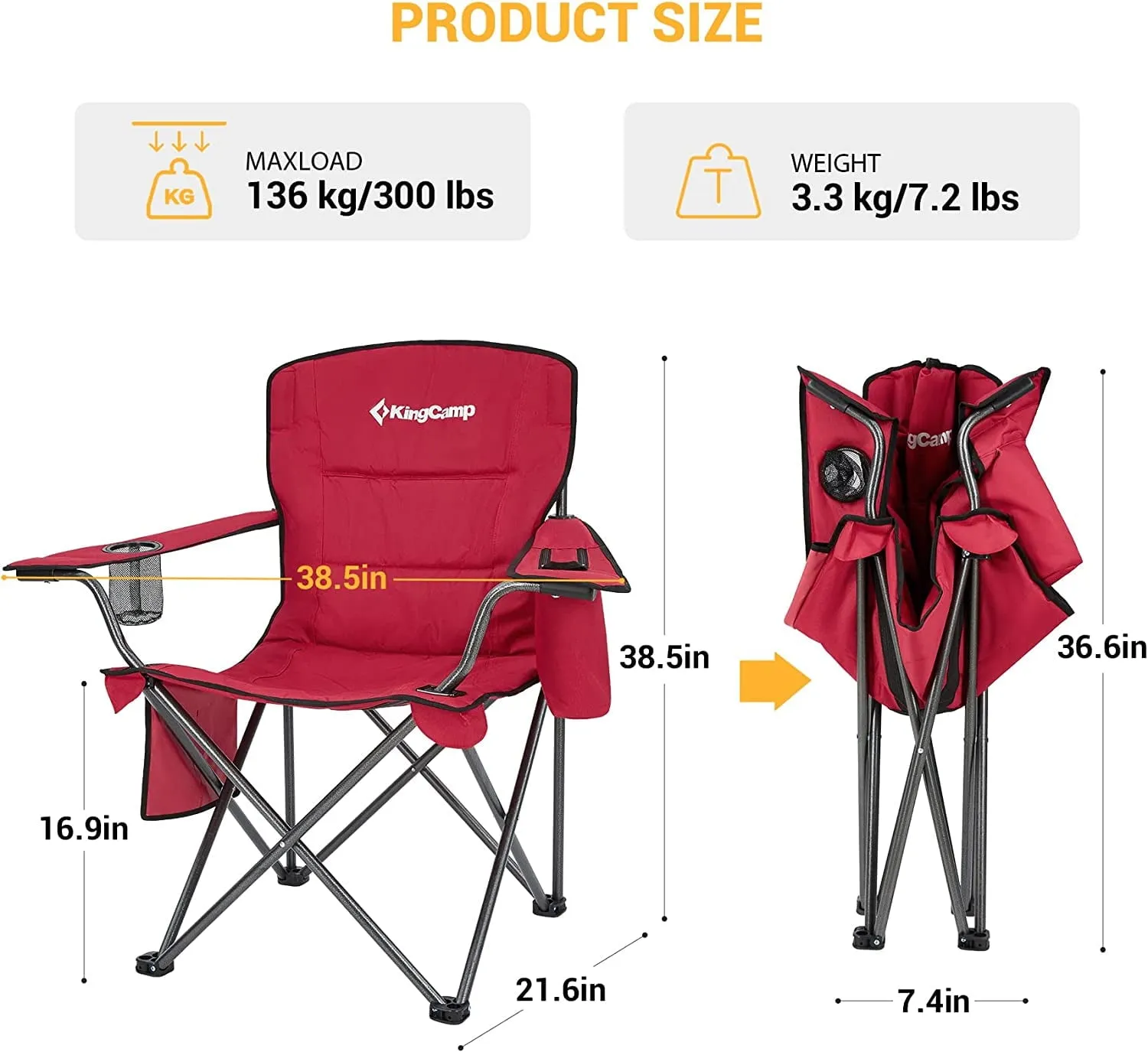 KingCamp Camping Chair for Adults Folding Chair Oversized Heavy Duty 300lbs Camp Chair Full Padded Outdoor Portable Chair with Cooler Bag Cup Holder Side Pocket Red