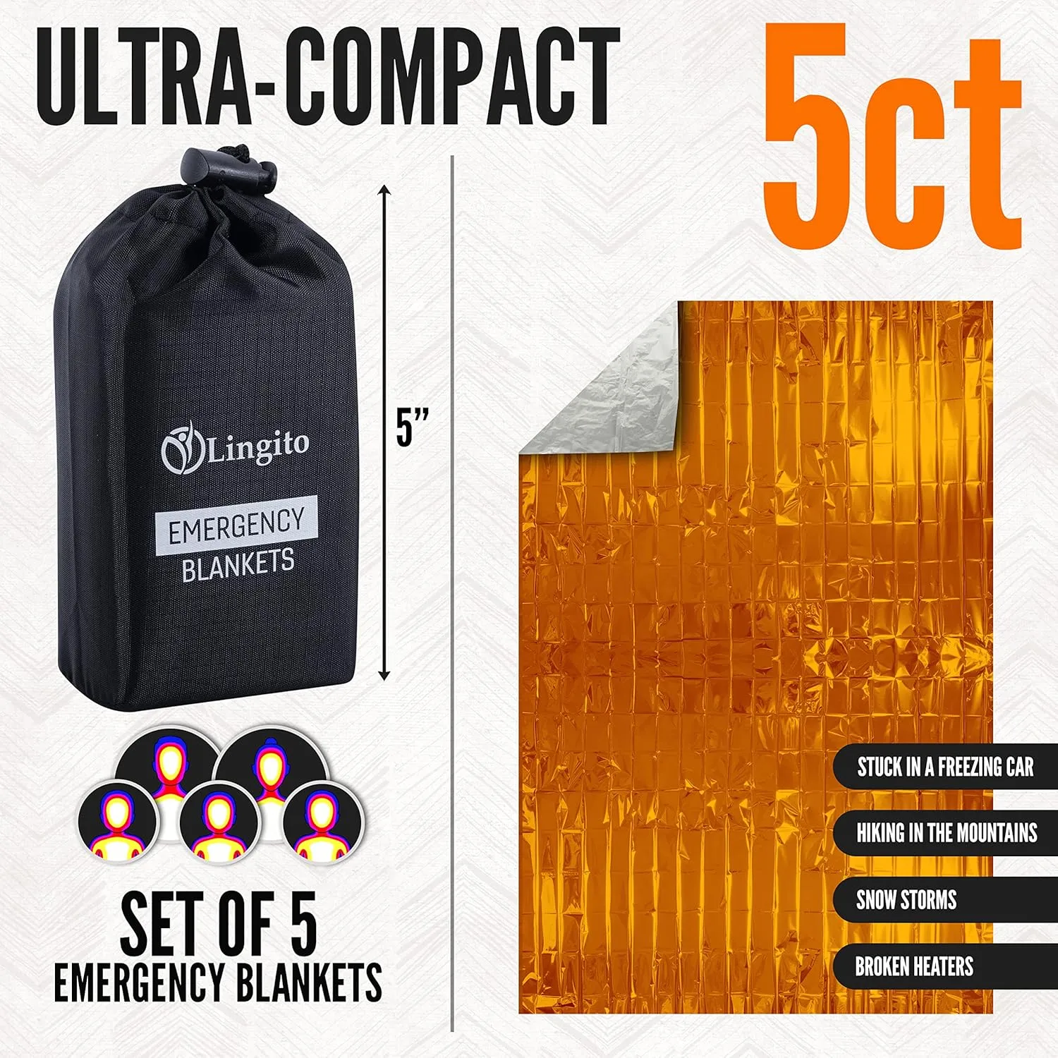Lingito Survival Blanket, Emergency Blankets Camping, Hiking, Traveling, Heavy Duty Thermal Blanket, Waterproof Insulated Space Blankets Individually Packed, Emergency Outdoor Kit (5 Pack - Orange)
