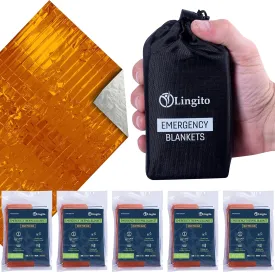 Lingito Survival Blanket, Emergency Blankets Camping, Hiking, Traveling, Heavy Duty Thermal Blanket, Waterproof Insulated Space Blankets Individually Packed, Emergency Outdoor Kit (5 Pack - Orange)