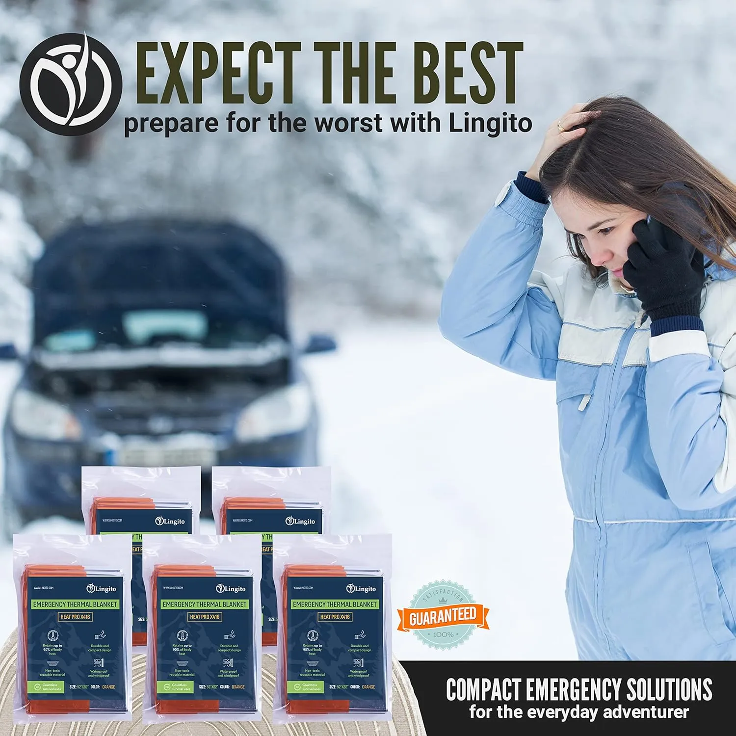 Lingito Survival Blanket, Emergency Blankets Camping, Hiking, Traveling, Heavy Duty Thermal Blanket, Waterproof Insulated Space Blankets Individually Packed, Emergency Outdoor Kit (5 Pack - Orange)