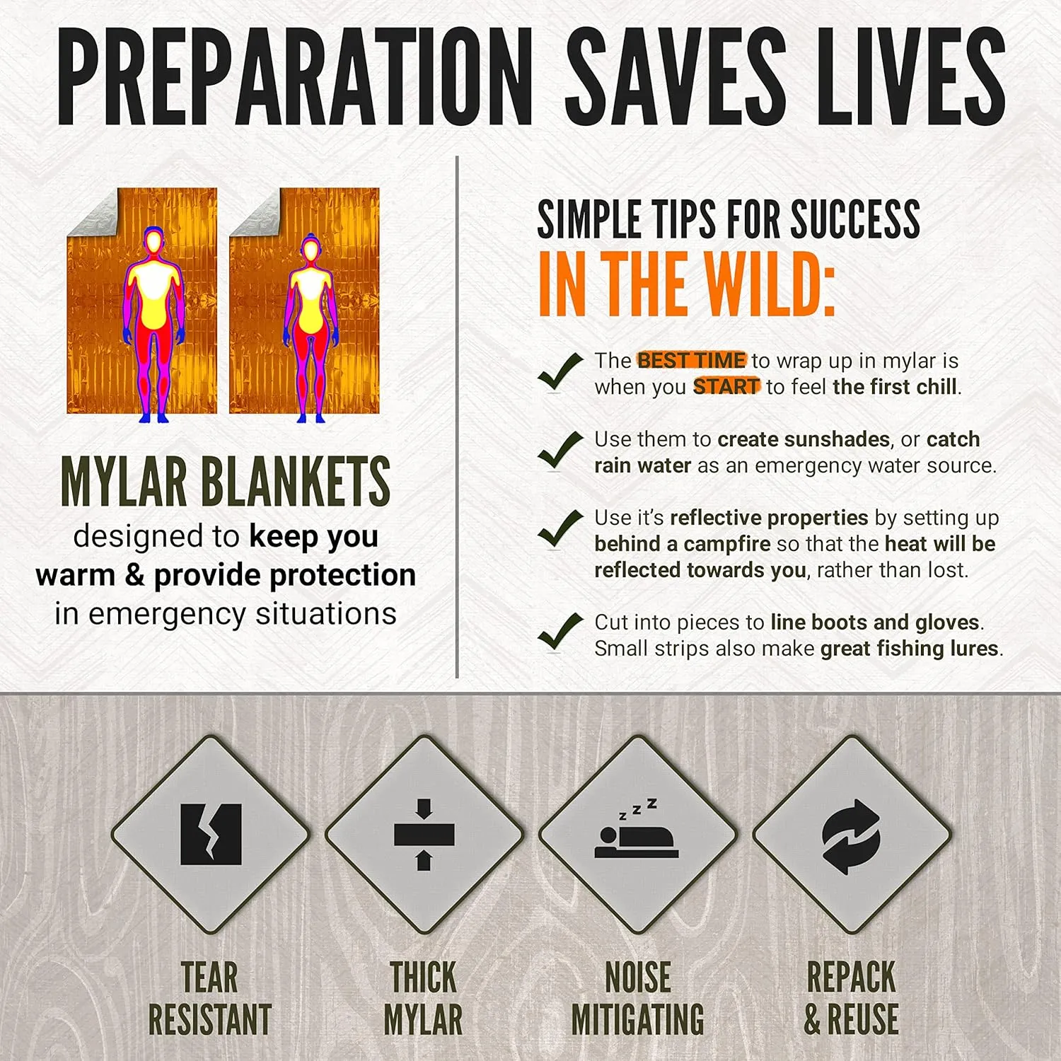 Lingito Survival Blanket, Emergency Blankets Camping, Hiking, Traveling, Heavy Duty Thermal Blanket, Waterproof Insulated Space Blankets Individually Packed, Emergency Outdoor Kit (5 Pack - Orange)