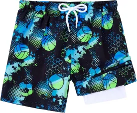 Little Boys Swim Trunks with Boxer Mesh Liner Swim Shorts Kids Quick Dry Bathing Suit Swimwear 4-12T