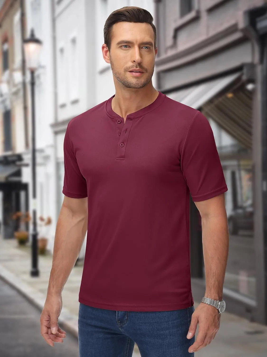 MAGCOMSEN Men's Henley Shirts Short Sleeve Casual Collarless Shirt Quick Dry Summer T-Shirts Golf Workout Tops