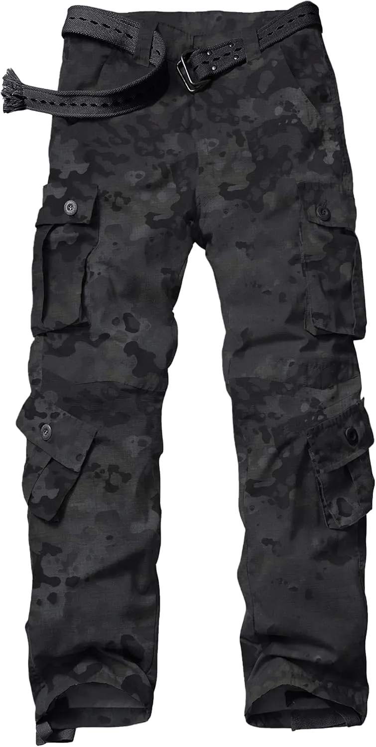 Men's Hiking Pants Waterproof Camo Work Cargo Pants Relaxed Fit Ripstop Tactical Pants with 8 Pockets No Belt