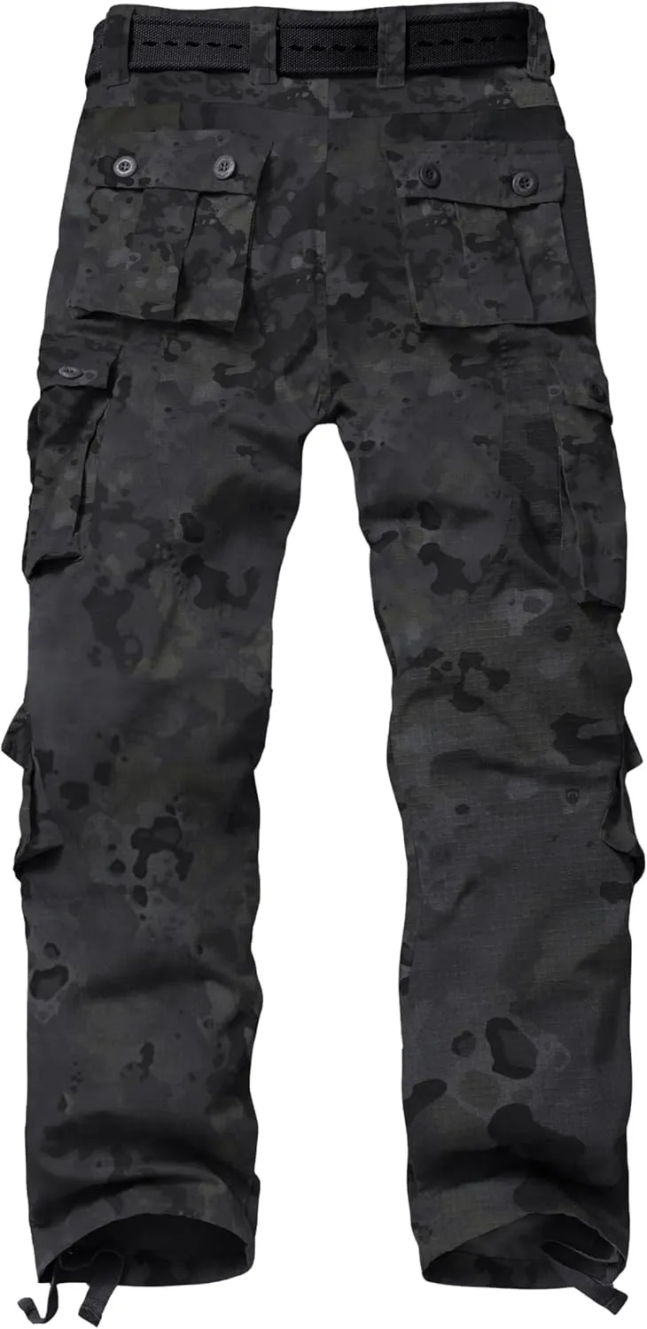 Men's Hiking Pants Waterproof Camo Work Cargo Pants Relaxed Fit Ripstop Tactical Pants with 8 Pockets No Belt