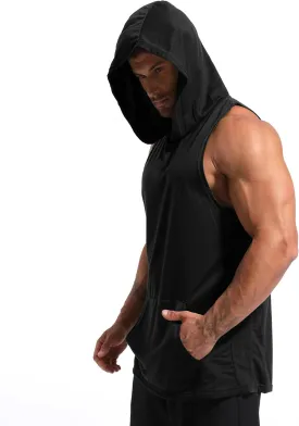 Men's Workout Hooded Tank Tops Gym Sleeveless Hoodies Dry fit Bodybuilding Muscle Cut Off T-Shirt Athletic Vest with Pocket