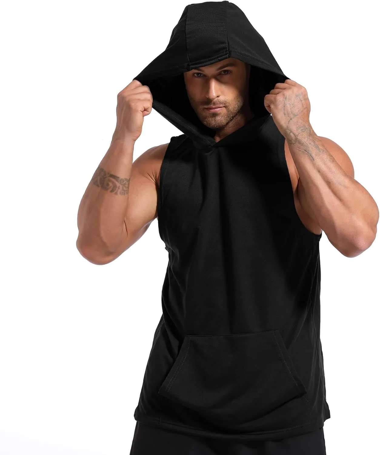 Men's Workout Hooded Tank Tops Gym Sleeveless Hoodies Dry fit Bodybuilding Muscle Cut Off T-Shirt Athletic Vest with Pocket