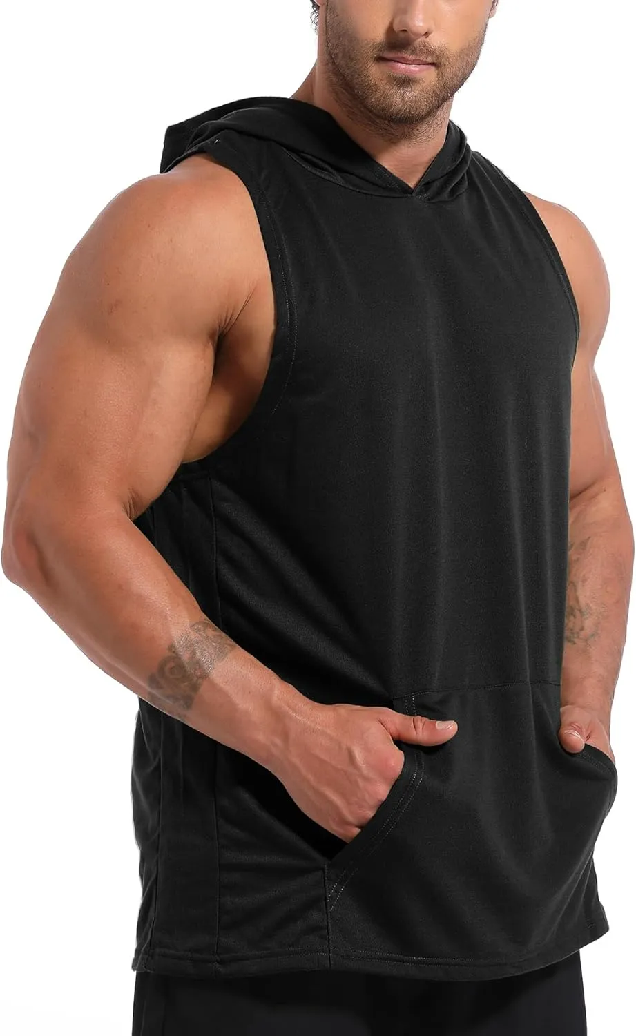 Men's Workout Hooded Tank Tops Gym Sleeveless Hoodies Dry fit Bodybuilding Muscle Cut Off T-Shirt Athletic Vest with Pocket