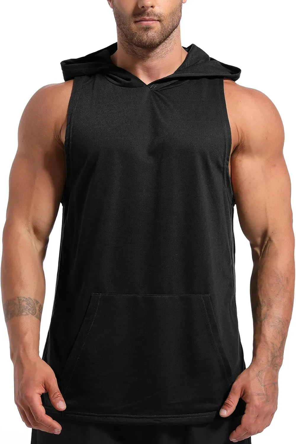 Men's Workout Hooded Tank Tops Gym Sleeveless Hoodies Dry fit Bodybuilding Muscle Cut Off T-Shirt Athletic Vest with Pocket