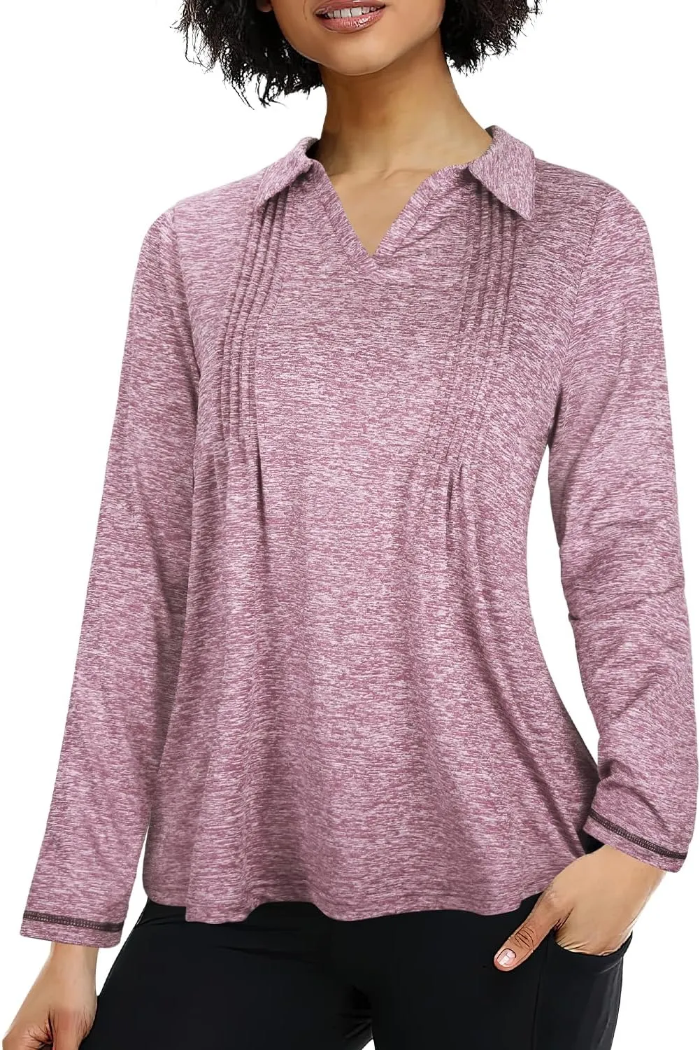 MISS FORTUNE Womens Polo Shirts Loose Fit V Neck Collared Pleated Quick Dry Moisture Wicking Golf Workout Shirts