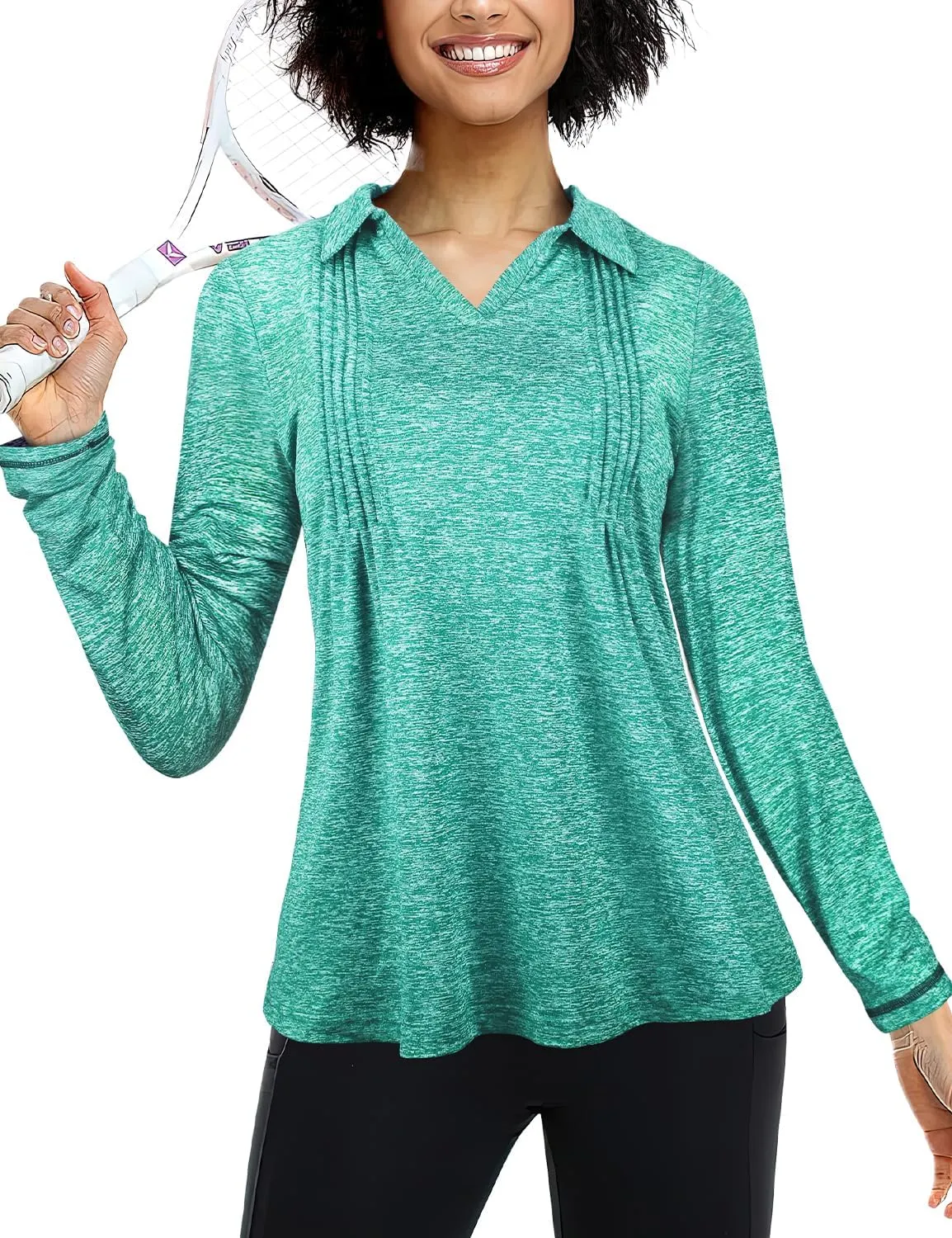 MISS FORTUNE Womens Polo Shirts Loose Fit V Neck Collared Pleated Quick Dry Moisture Wicking Golf Workout Shirts