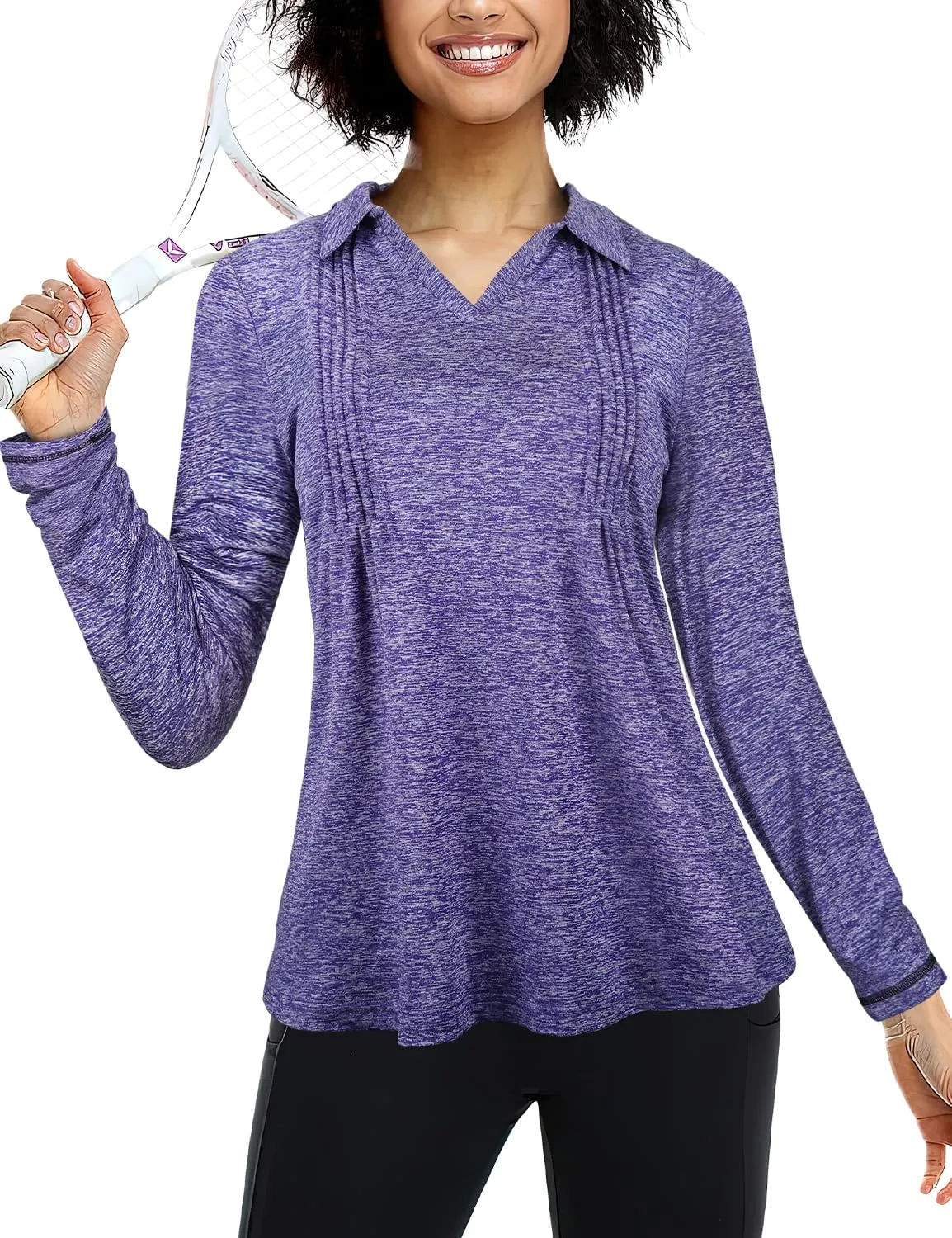 MISS FORTUNE Womens Polo Shirts Loose Fit V Neck Collared Pleated Quick Dry Moisture Wicking Golf Workout Shirts