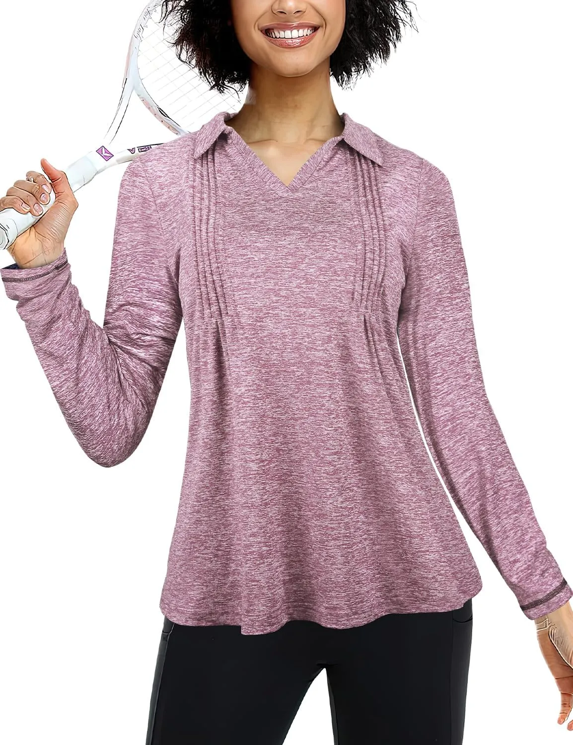 MISS FORTUNE Womens Polo Shirts Loose Fit V Neck Collared Pleated Quick Dry Moisture Wicking Golf Workout Shirts