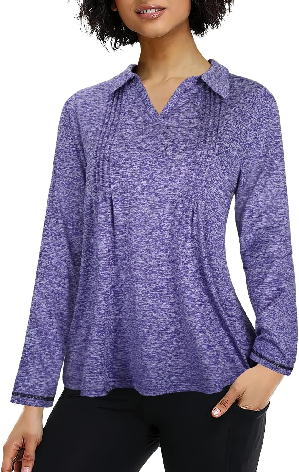 MISS FORTUNE Womens Polo Shirts Loose Fit V Neck Collared Pleated Quick Dry Moisture Wicking Golf Workout Shirts