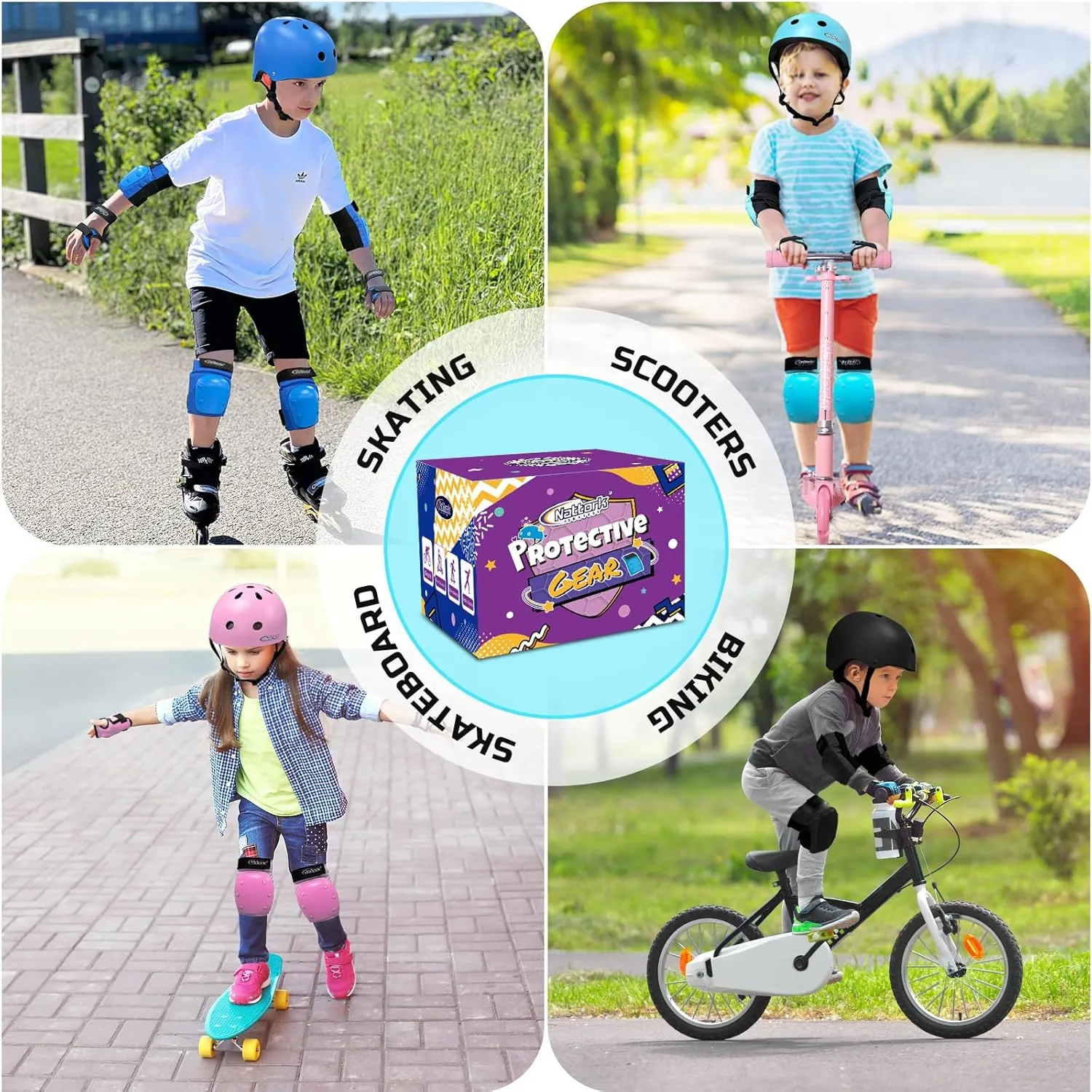 Nattork Knee Pads, Elbow Pads&Wrist Guards for Kids Youth Adults, 6 in 1 Protective Gear Set for Skateboard, Roller Skate, Inline Skates, Cycling and Scooter Boys Girls Age 3-15