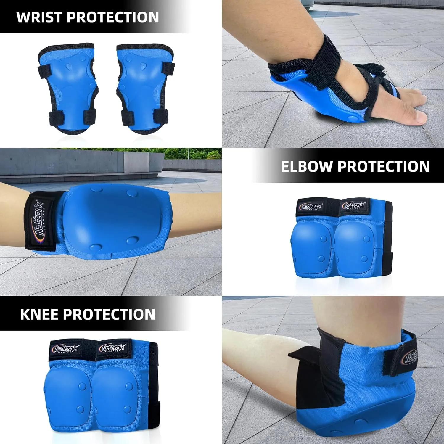 Nattork Knee Pads, Elbow Pads&Wrist Guards for Kids Youth Adults, 6 in 1 Protective Gear Set for Skateboard, Roller Skate, Inline Skates, Cycling and Scooter Boys Girls Age 3-15