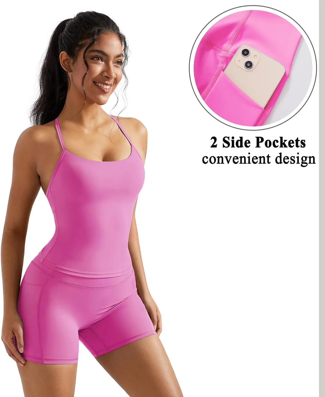 OMKAGI 2 Piece Workout Sets for Women Padded Sports Bra Tank Booty Gym Shorts with Pockets
