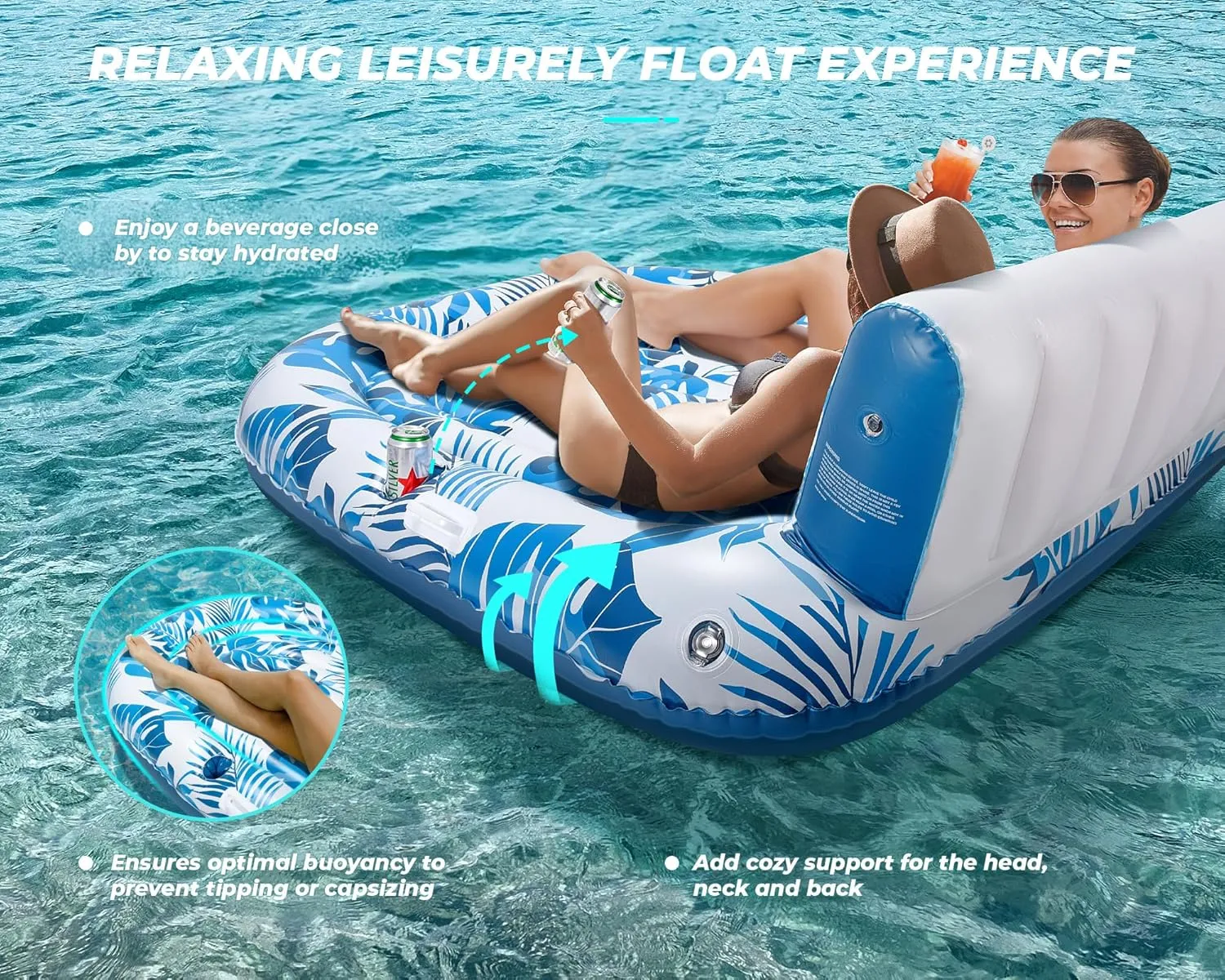Pool Lounger Floats, Inflatable Pool Floaties Rafts Adult Extra Large Recliner Tanning Lounge Chair Water Floaty with Backrest Footrest Cup Holder for Swimming Pool Beach Lake and Vacation