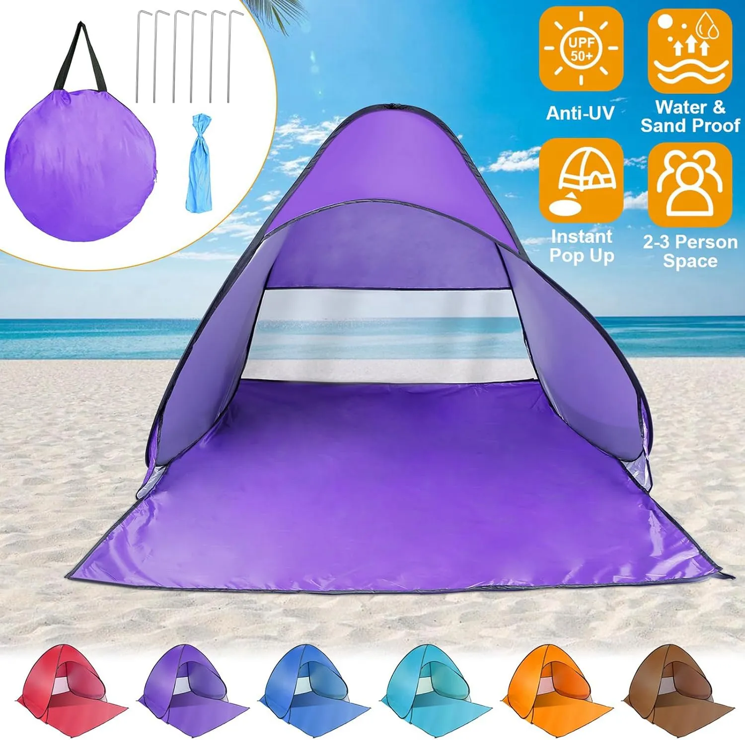 Pop Up Beach Tent for 2-3 Person, UPF50  Anti-UV Sun Shelter w/Storage Bag, Portable Waterproof Instant Sun Shade Canopy for Outdoor Beach Camping Hiking Travel Family, Purple