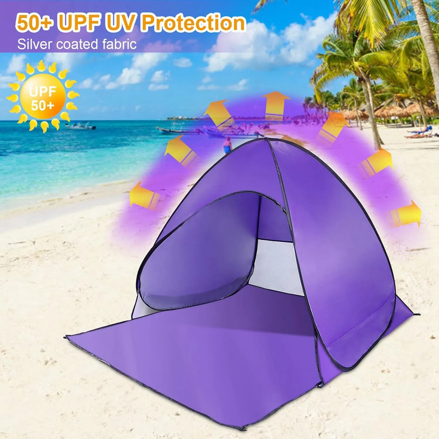 Pop Up Beach Tent for 2-3 Person, UPF50  Anti-UV Sun Shelter w/Storage Bag, Portable Waterproof Instant Sun Shade Canopy for Outdoor Beach Camping Hiking Travel Family, Purple