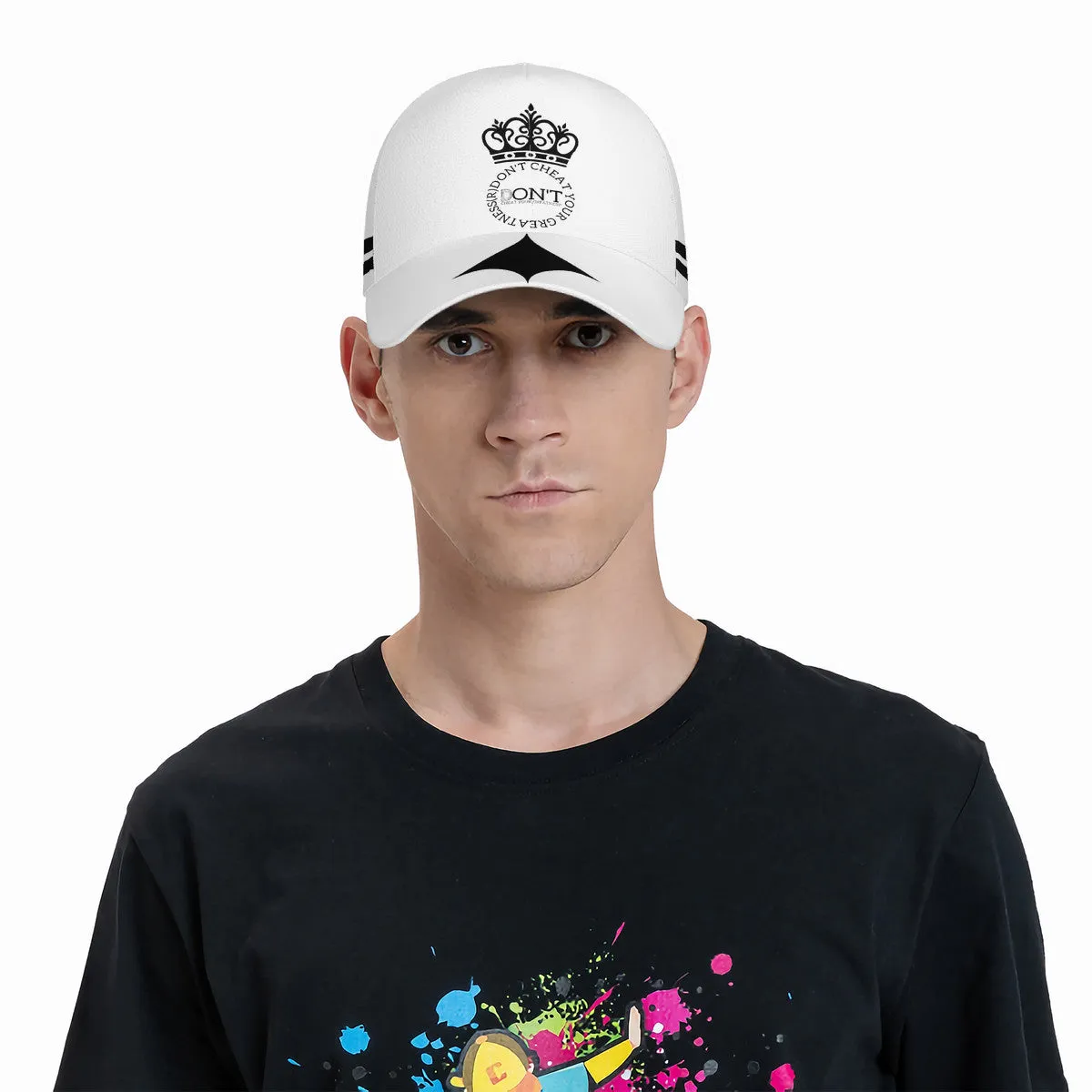 Royalty DON'T D4XV Black Logo, Stripes, Designs  & White Curved Brim Baseball Cap (AOP)