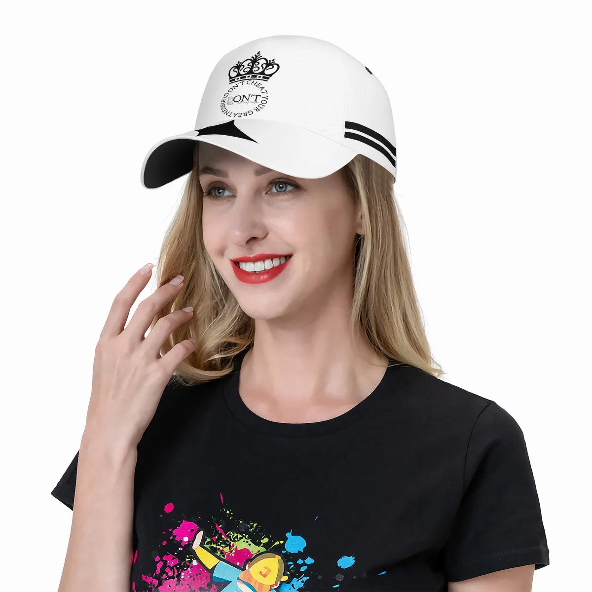 Royalty DON'T D4XV Black Logo, Stripes, Designs  & White Curved Brim Baseball Cap (AOP)