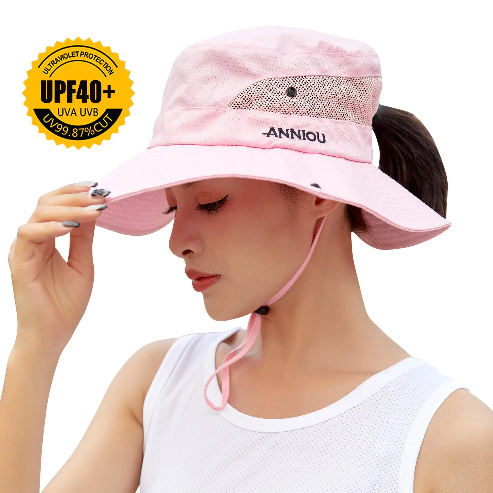 Sidiou Group Anniou Summer Women Hiking Camping Wide Brim Ponytail Fishing Hat UPF40  UV Protection Wide Brim Sun Hat Foldable Mesh Bucket Hat