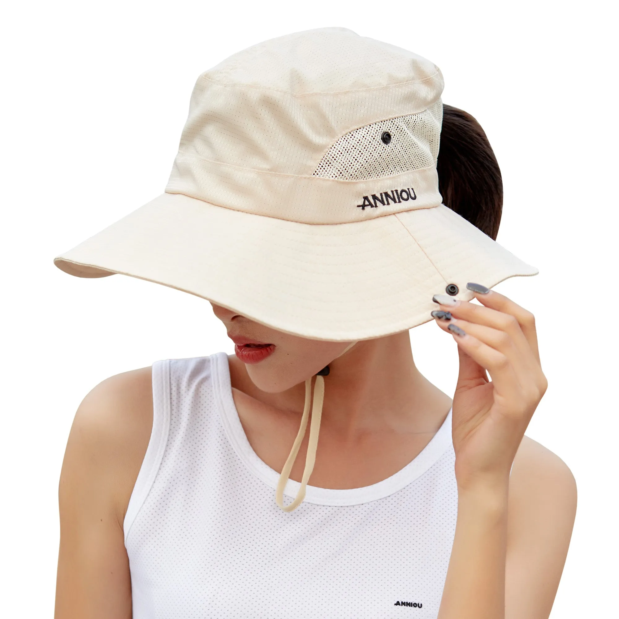 Sidiou Group Anniou Summer Women Hiking Camping Wide Brim Ponytail Fishing Hat UPF40  UV Protection Wide Brim Sun Hat Foldable Mesh Bucket Hat