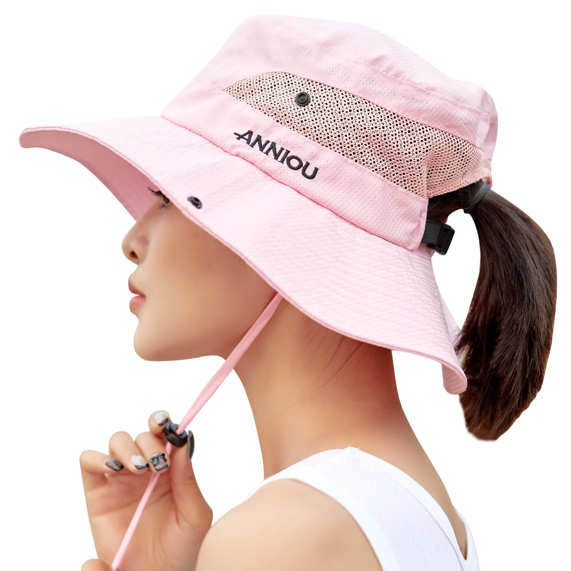 Sidiou Group Anniou Summer Women Hiking Camping Wide Brim Ponytail Fishing Hat UPF40  UV Protection Wide Brim Sun Hat Foldable Mesh Bucket Hat