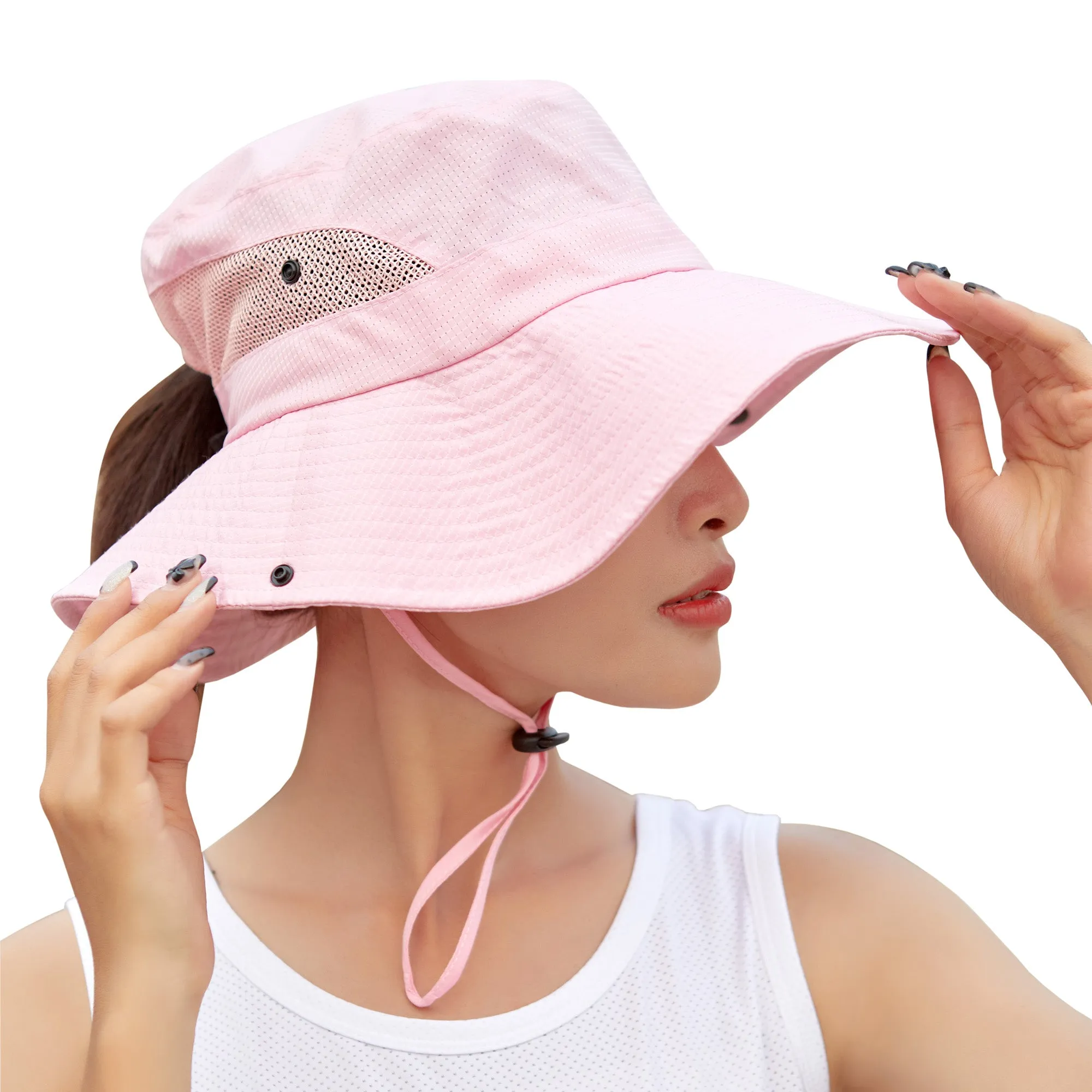 Sidiou Group Anniou Summer Women Hiking Camping Wide Brim Ponytail Fishing Hat UPF40  UV Protection Wide Brim Sun Hat Foldable Mesh Bucket Hat