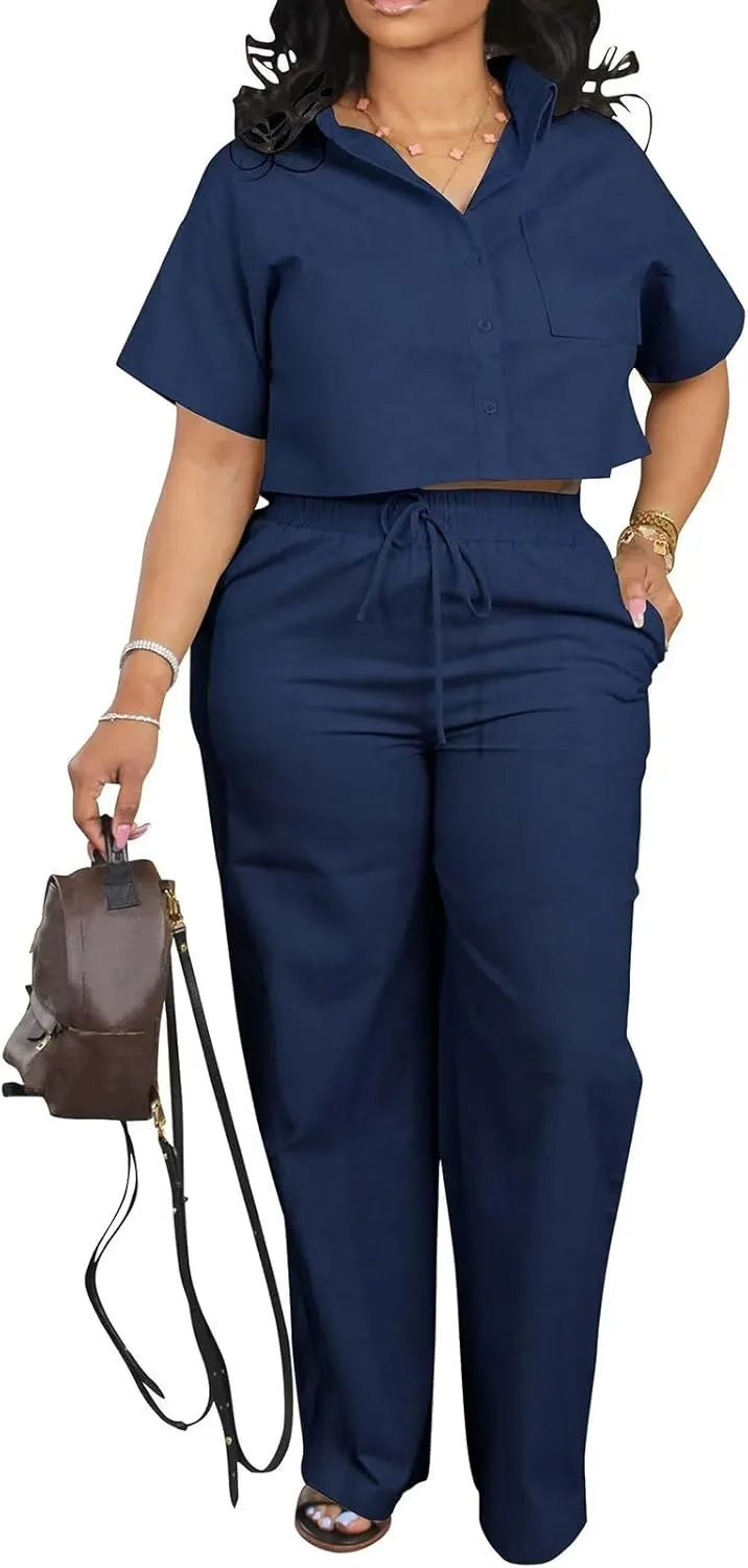 ThusFar Women Linen 2 Piece Outfits Short Sleeve Button Down Crop Top Drawstring Long Pants Suit Summer Work Lounge Set